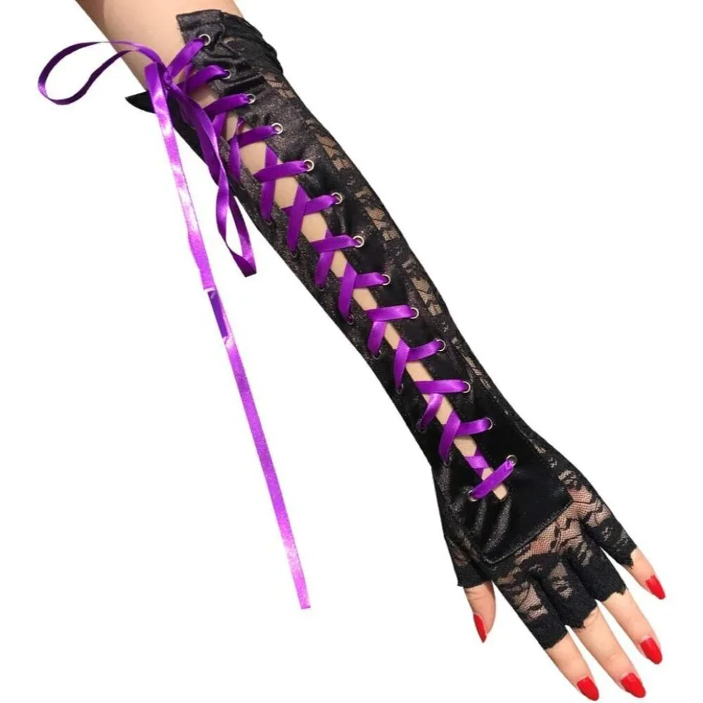 Women's Lace Satin Elbow Length Gloves Gothic Punk Fingerless Evening Party